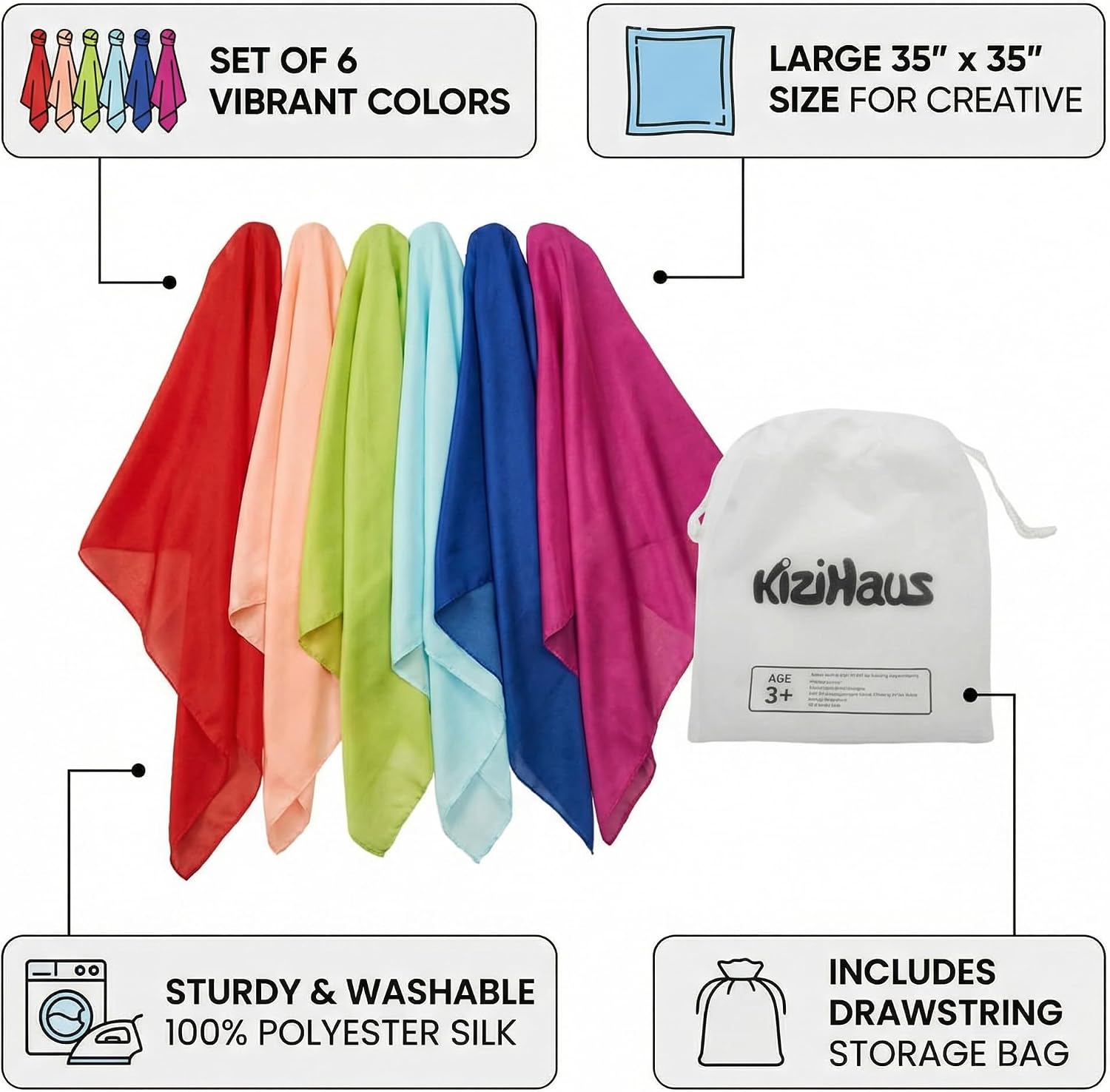 Play Scarves Set of 6 with a Storage Bag for Kids | 35" Polyester, Vivid, Silky-Soft Scarves
