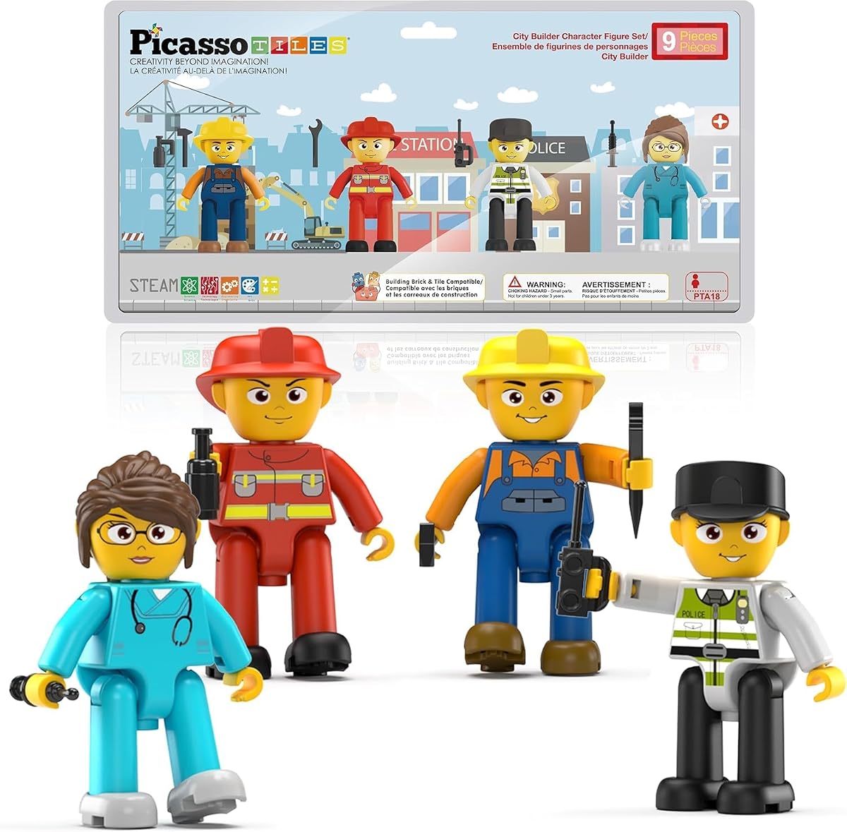 Picasso Toys Magnetic Character Action Figures 4 Piece for Building Block Tile Toddler Toy Set Magnet Expansion Pack Age 3 and up Fireman, Nurse, Police, Constructions Learning Pretend Playset PTA17