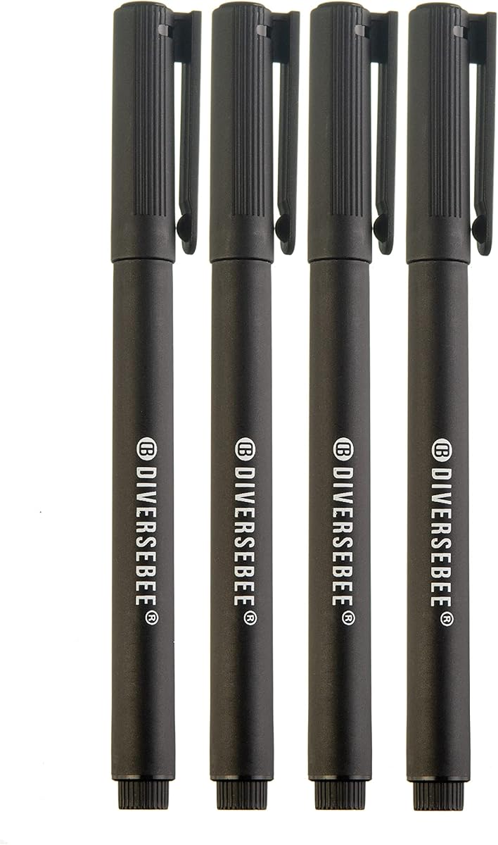 DIVERSEBEE Fine Tip Permanent Pens, 4 Pack Quick Dry Markers, Transparent Sticky Notes Writing Pens, Office School Art Supplies, Black Oil Based Fineliners