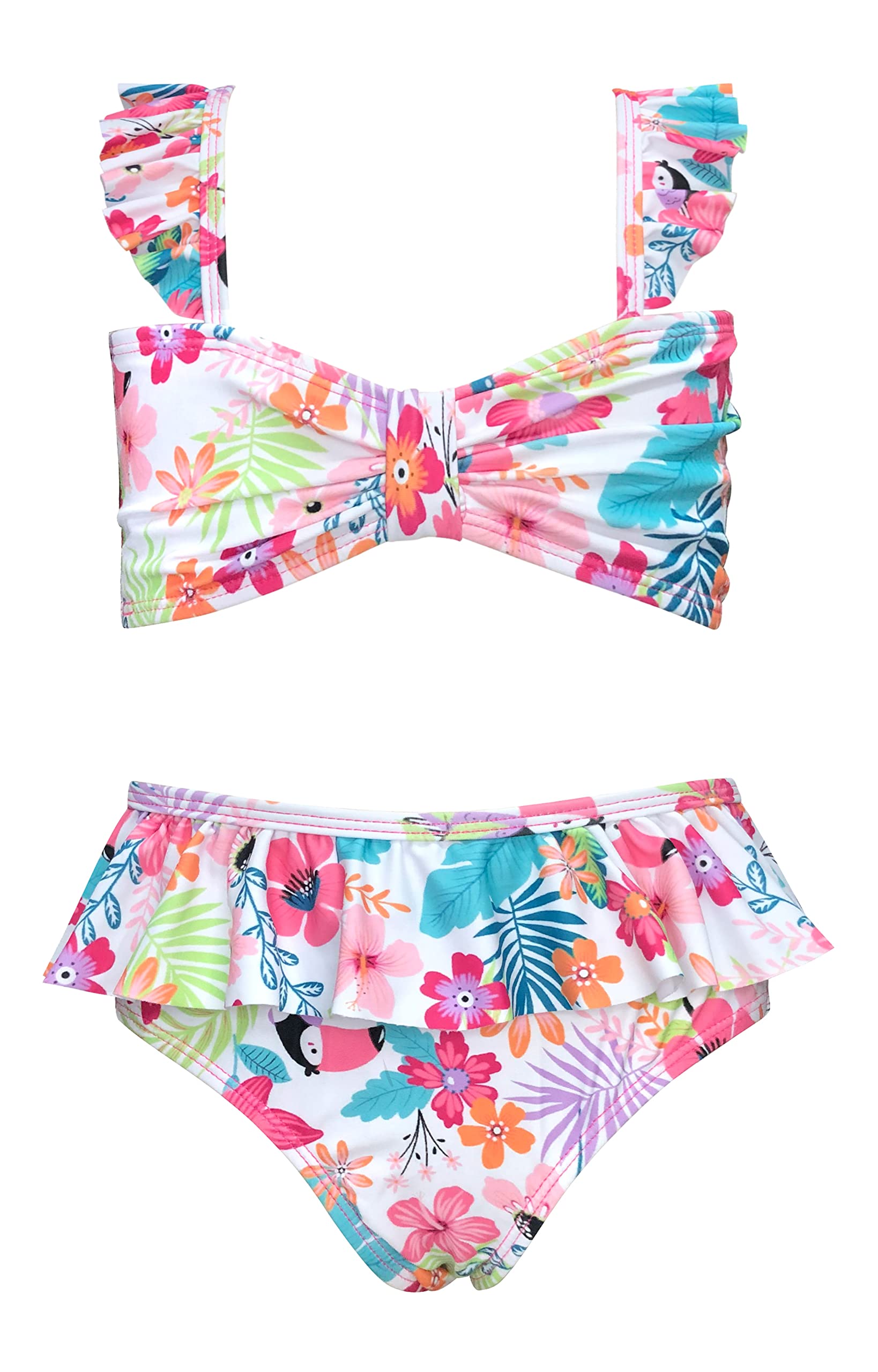 SHEKINI Conjunto de Bikini de 2 Piezas para Niñas Elegante Volantes Bandeau Estampados Top de Bikini Set con Cintura Alta Bikini Bottom para 6-14 años