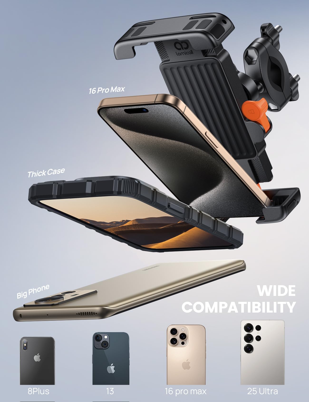 Lamicall Bike Phone Holder Bicycle - 【Foldable Clamp】 Motorbike Phone Holder, Universal Motorcycle Handlebar Clamp Mount for iPhone 17 16 15 14 13 Pro Max Mini Air, Samsung S25, All Phones - Orange — view 5