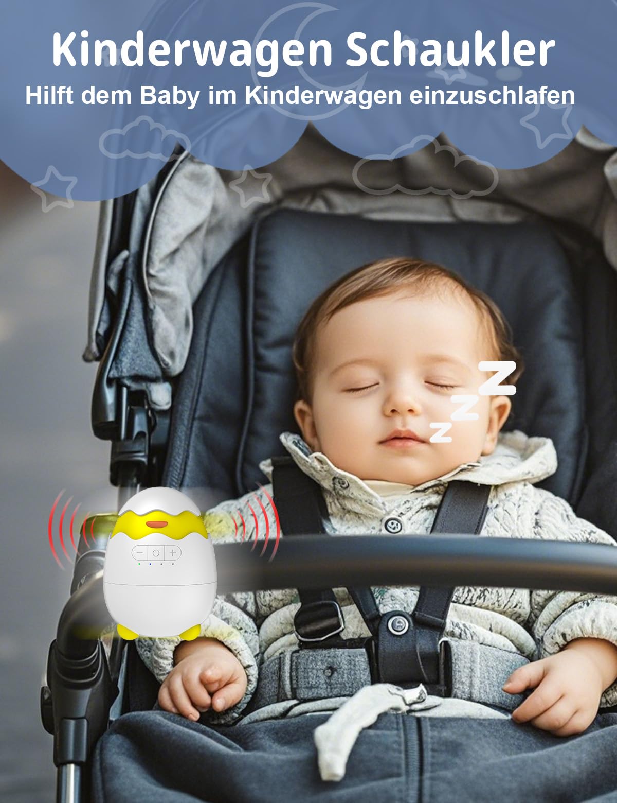 Robofun Kinderwagenschaukler- Das Original Schlafhilfe für Baby, 5 Einstellbare Schaukelintensitäten, USB-C Aufladbar, Tragbare Schaukelfunktion für Den Kinderwagen Beweger Elektrisch, Weiß - 3