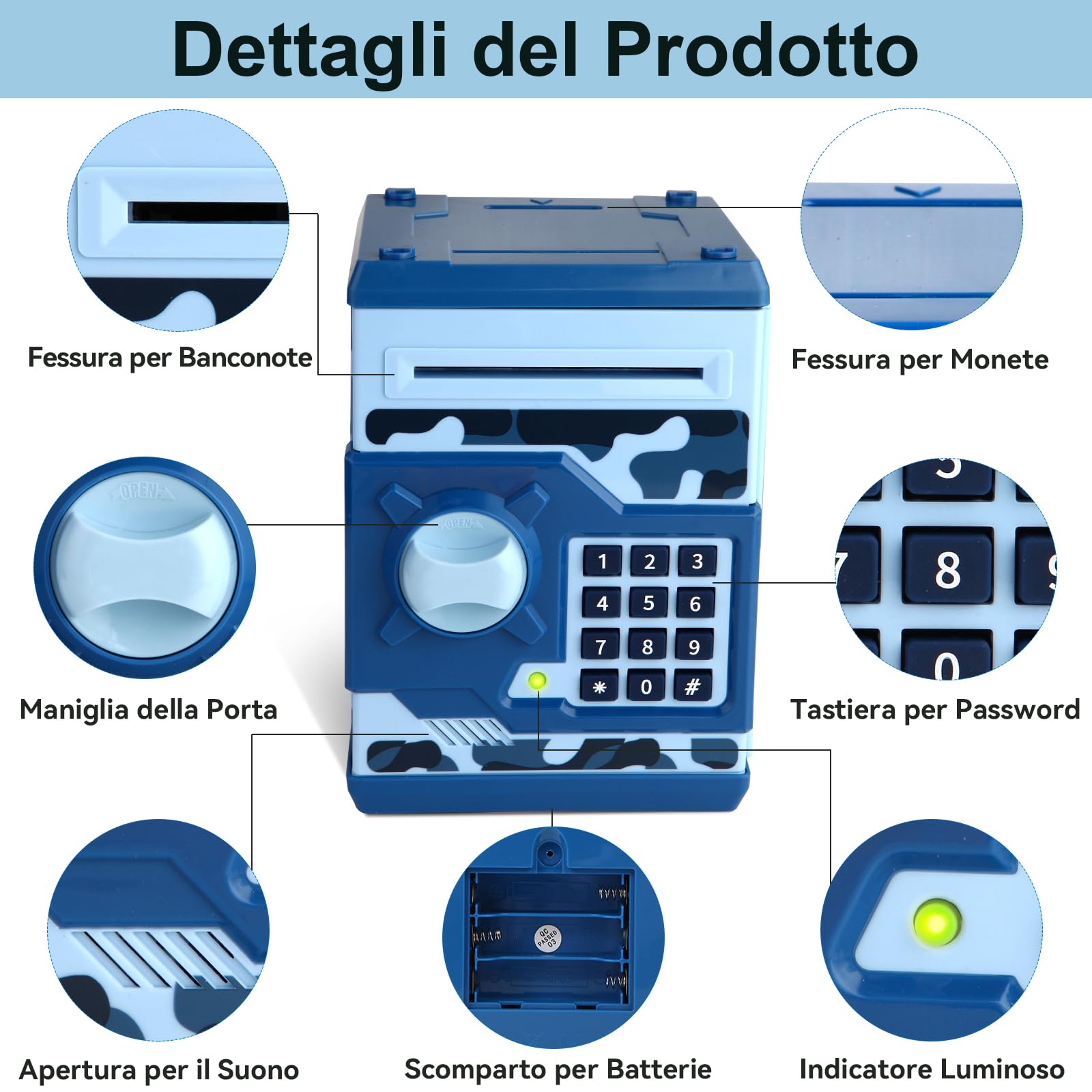 Pup Go Salvadanaio Elettronico ATM per Bambini 3-12 Anni, Regalo Natale per Ragazzi, Cassaforte con Codice per Monete & Banconote, BancoMat Giocattolo con Ricevuta Automatica (Blu)