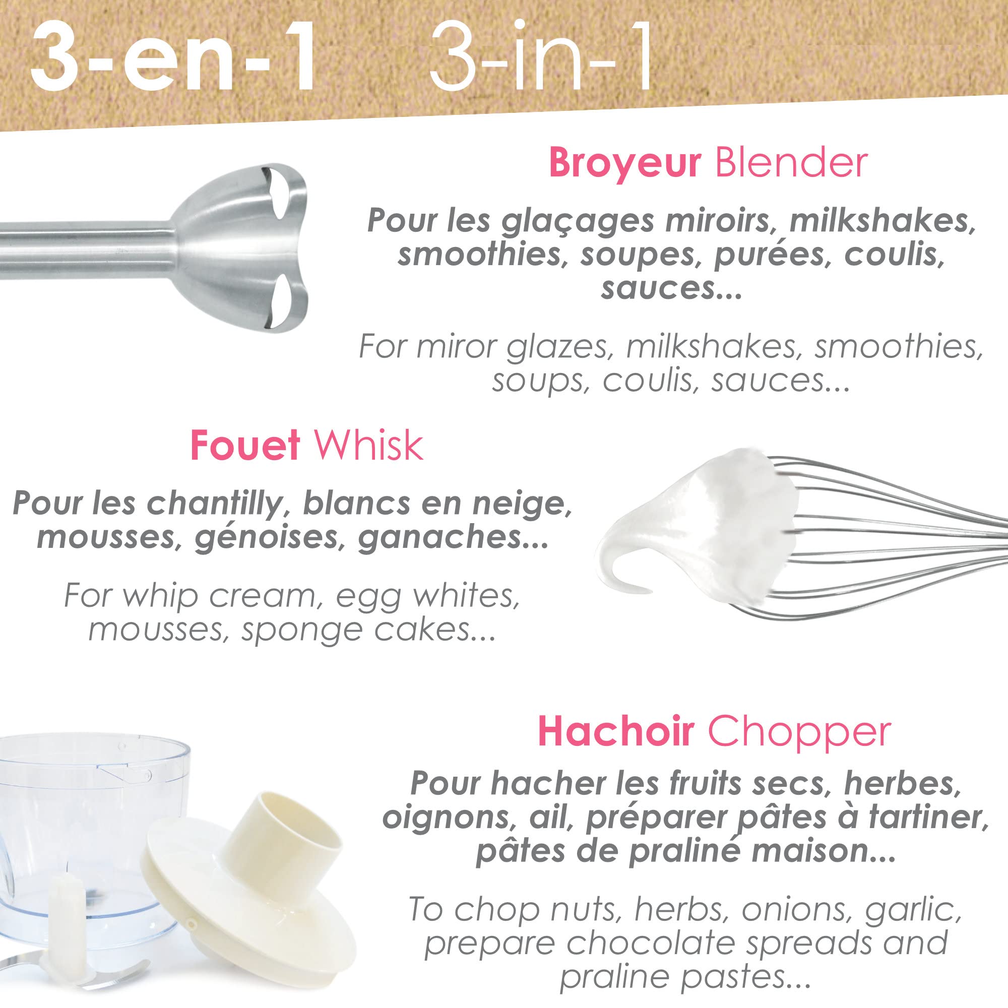 SCRAP COOKING Mixeur Plongeant Multifonctions 3-en-1 : Blender, Fouet & Hachoir Électrique - Mixer Batteur Plongeur avec Accessoires - Pour Pâtisseries, Crèmes, Smoothies, Sauces - Mat & Doré - 3889