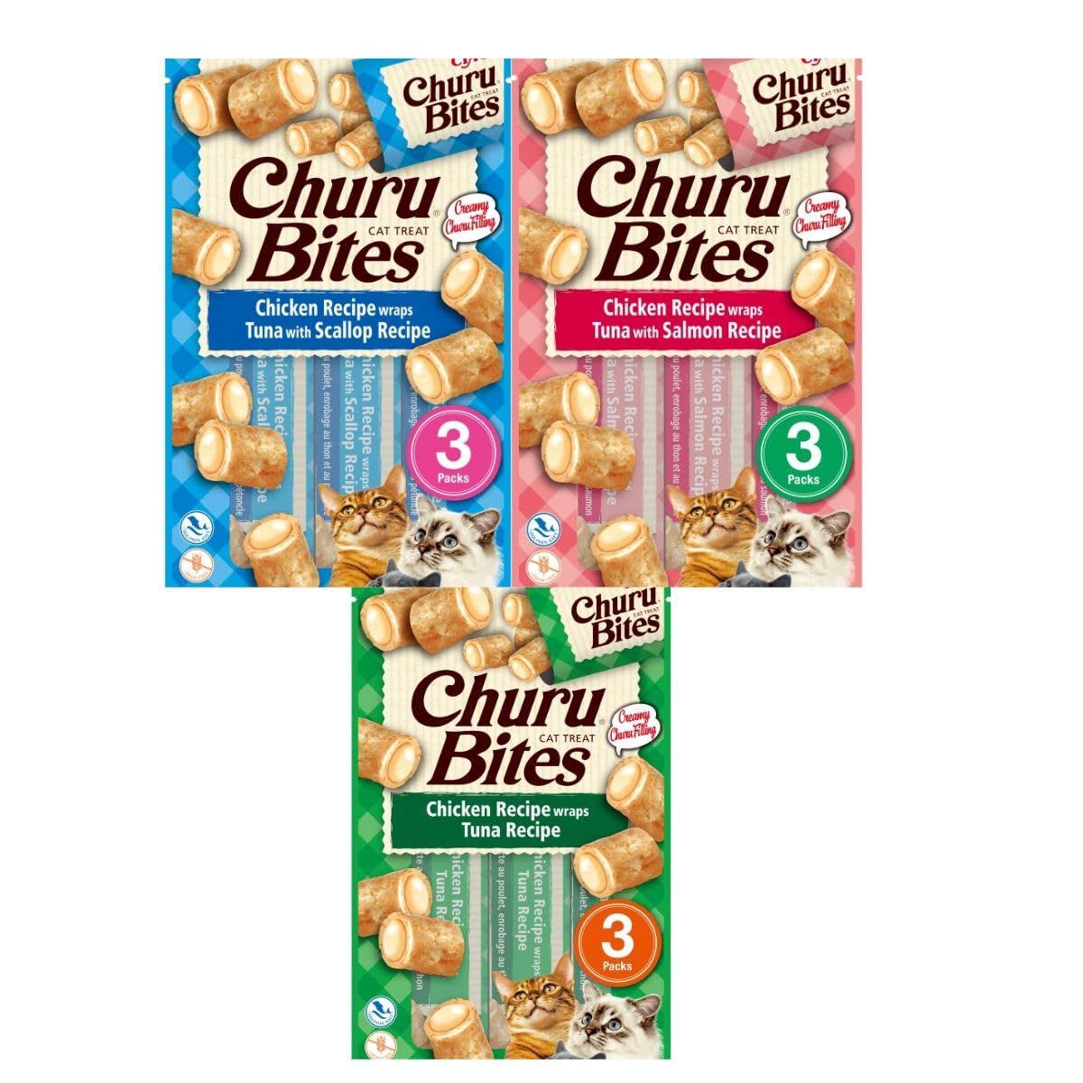 Churu Bites Koty Mieszanki | Miękkie Przekąski | Pomoc w nawilżeniu | (12x3x10Gr, 4X Tuńczyk 4X Łosoś 4X Przegrzebki)