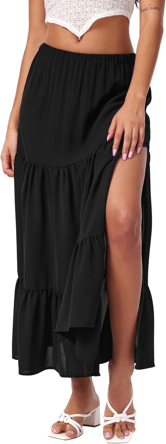 CIDER Midi Skirts for Women Split Hem Elastic High Waistd Boho Flowy Long Maxi Skirts