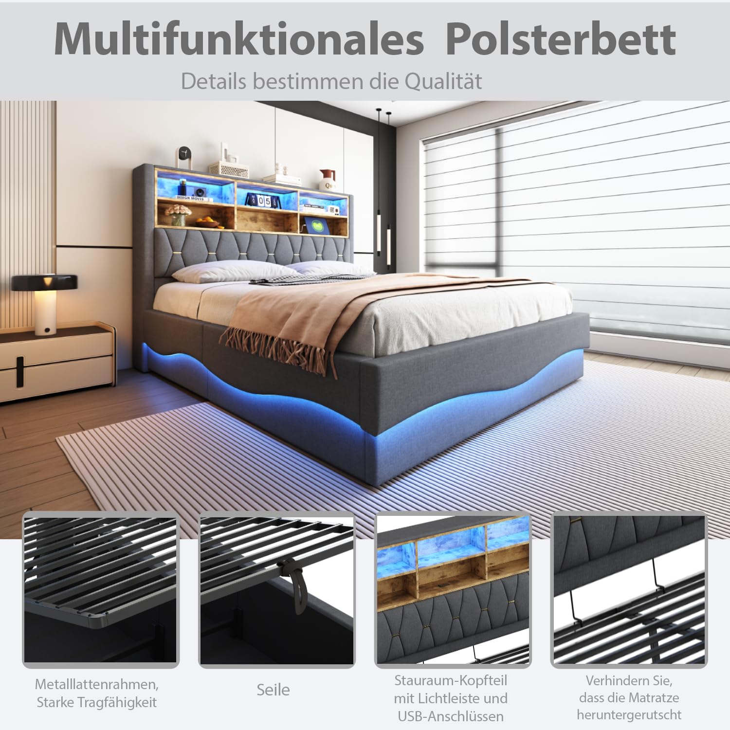 LAKFEW Doppelbett Polsterbett 180x200 cm mit LED-Lichtband und USB-Kopfteil, Hydraulisch Bett mit Stauraum, Bettgestell mit Lattenrost, Schlafzimmer Möbel, Grau, Leinen, Ohne Matratze