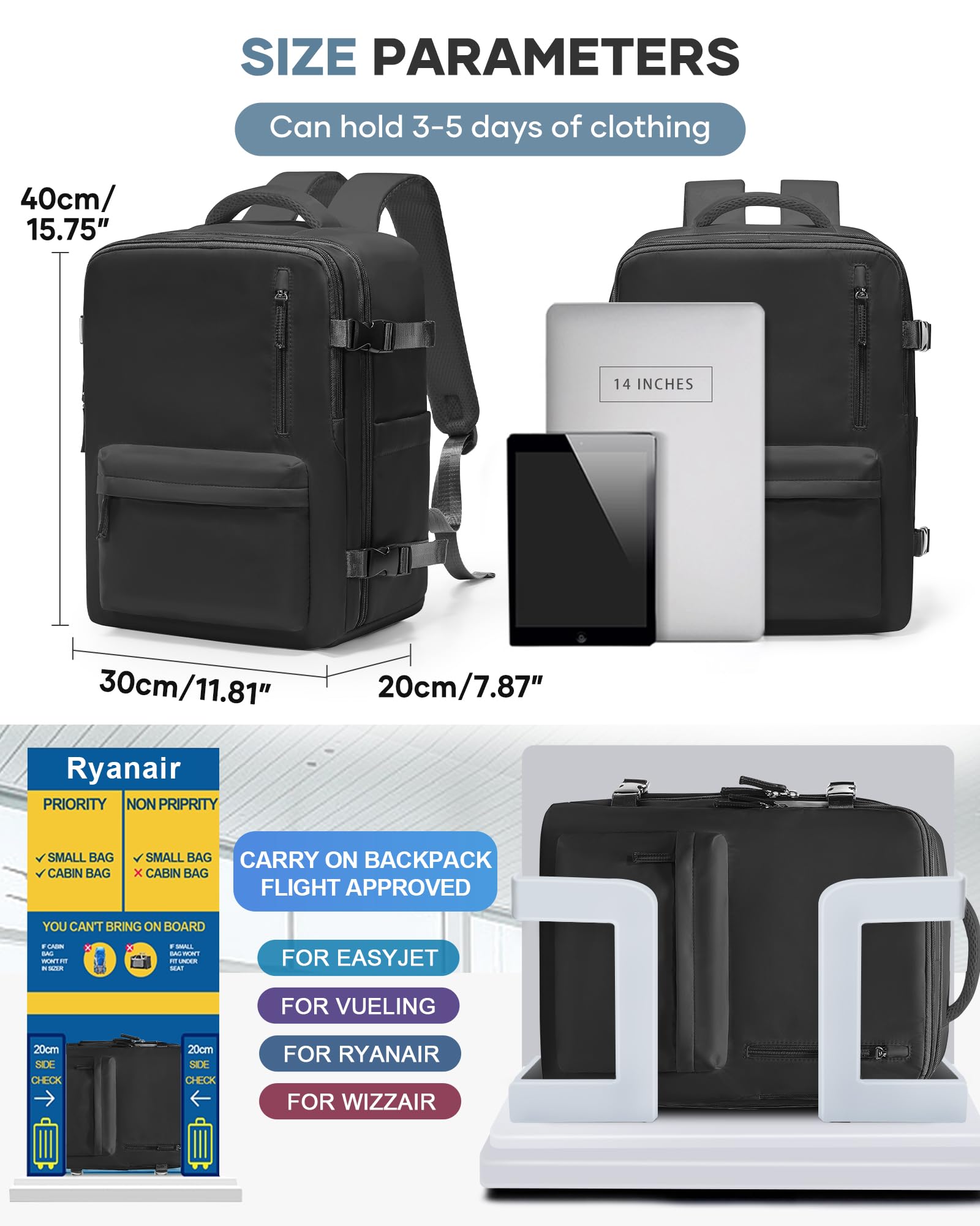 Borse da Cabina per Ryanair 40x20x25 Bagaglio a Mano Zaino Borsa Zaino da Viaggio, Zaino da trekking,da uomo, zaino casual per laptop da 14 pollici per scuola con porta di USB