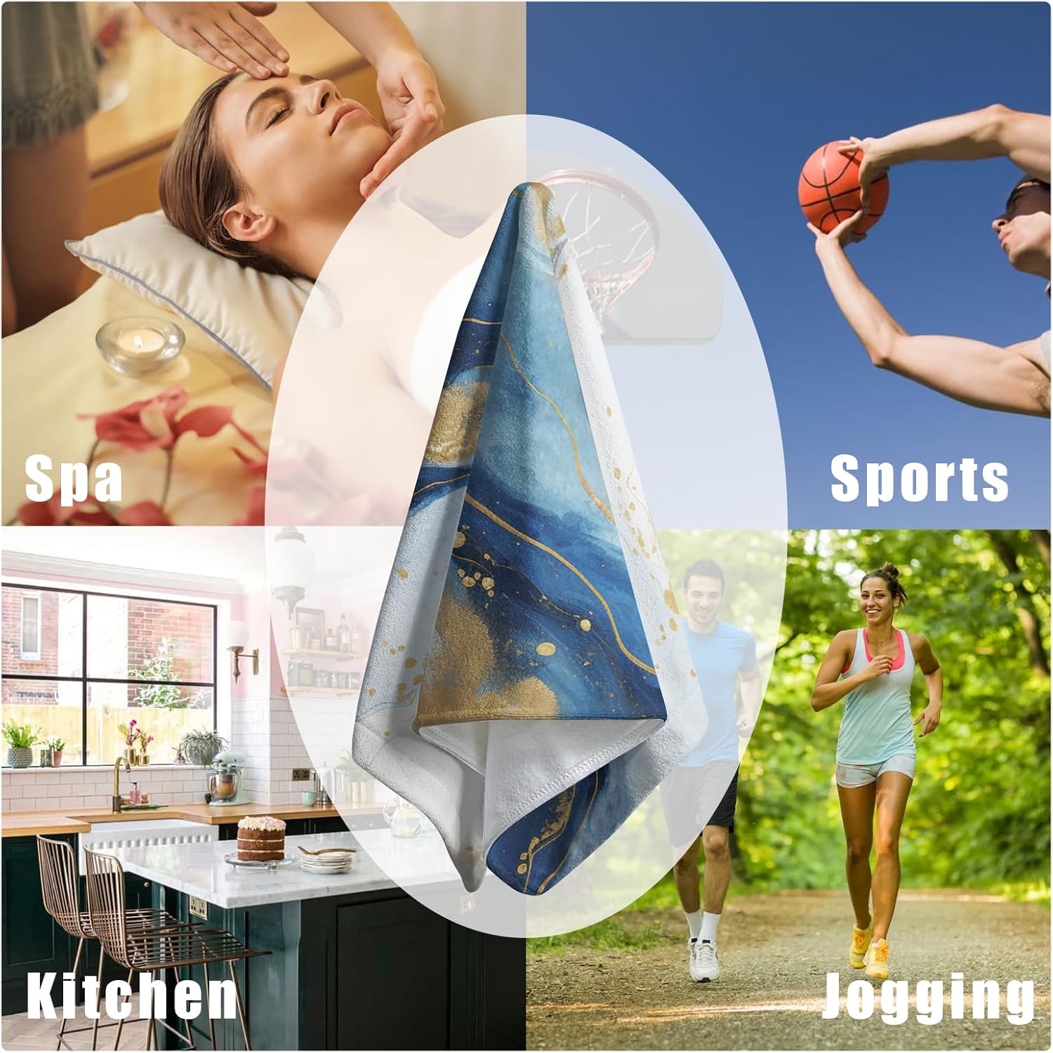 Blue Marble Hand Towels for Bathroom Abstract Modern Kitchen Towel Luxury Painting Fingertip Towels Gold Foil Face Towels Soft Absorbent Cotton Bath Towel for Guest Home Decor 2Pcs