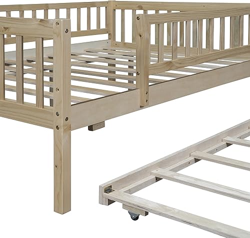 Miniatura 18 de Polibi Sofá cama de tamaño matrimonial, marcos de cama de día completo de madera con dos cajones y barandillas de seguridad para dormitorio, sala de