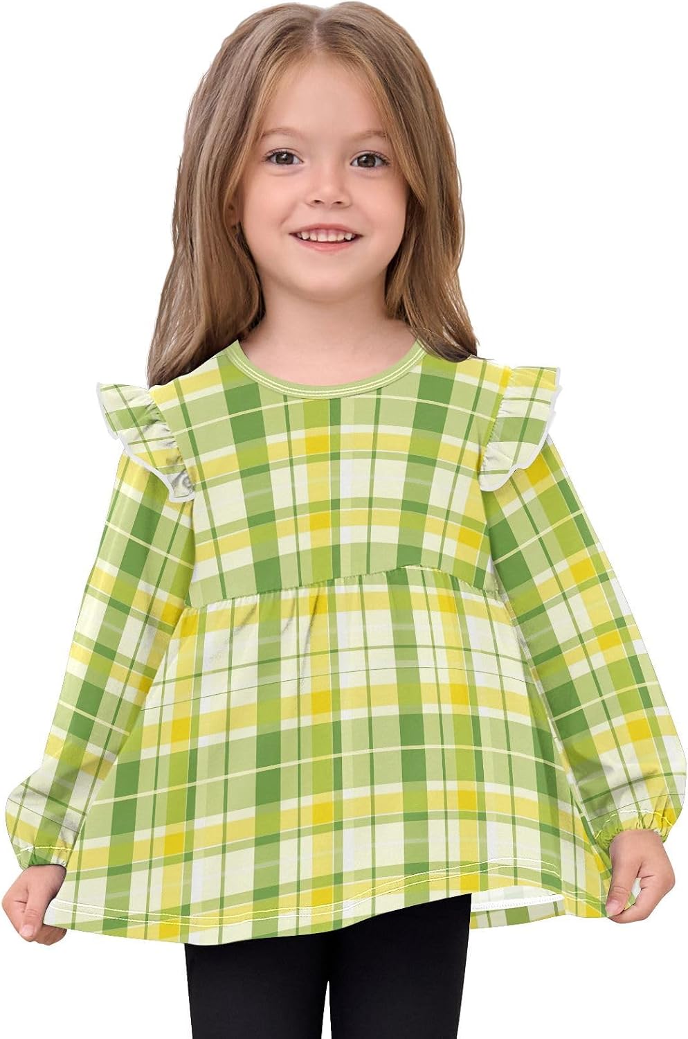 visesunny Toddler Clothes for Girls Summer Lime Soda Color Plaid Long Sleeve Fall Shirts Cotton Top with Ruffle Collar