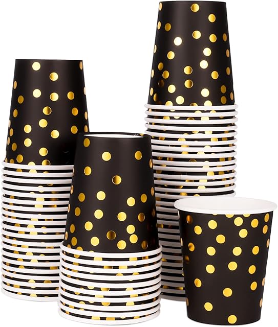 Pinenuts 60 Pieces Gold Polka Dot Paper Cups 9 Ounces Party Cups, Disposable Drinking Cups, Biodegradable for Halloween Christmas Holiday Wedding Party(Black)