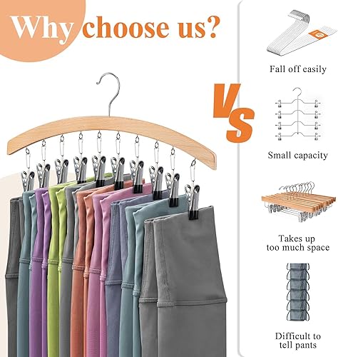 Miniatura 2 de Paquete de 2 organizadores de leggings para armario, perchas de madera para pantalones que ahorran espacio con clips, organizador colgante de