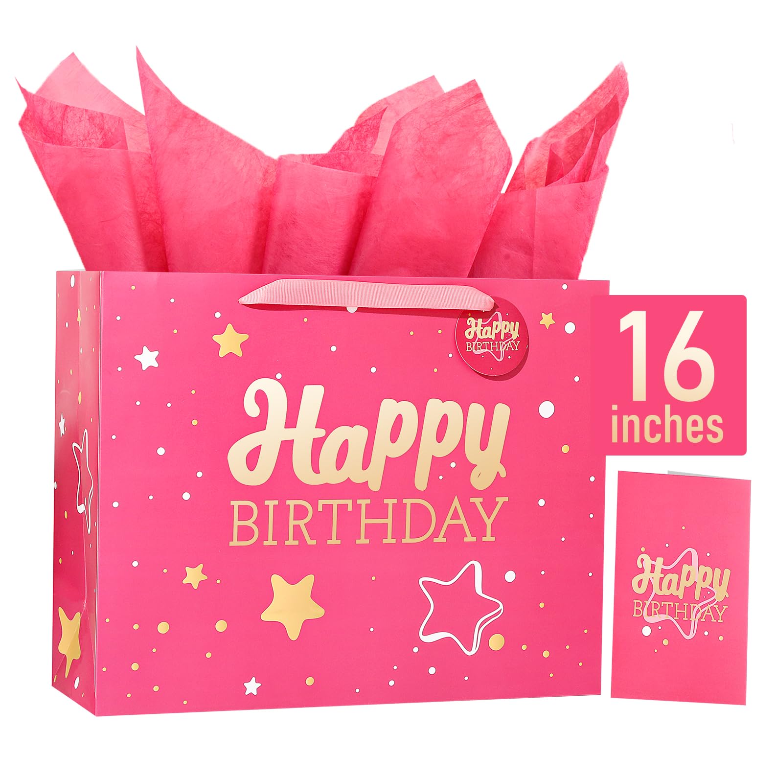 Powbrace Birthday Gift Bag with Tissue Paper and Card(1 PCS True Pink, 16")