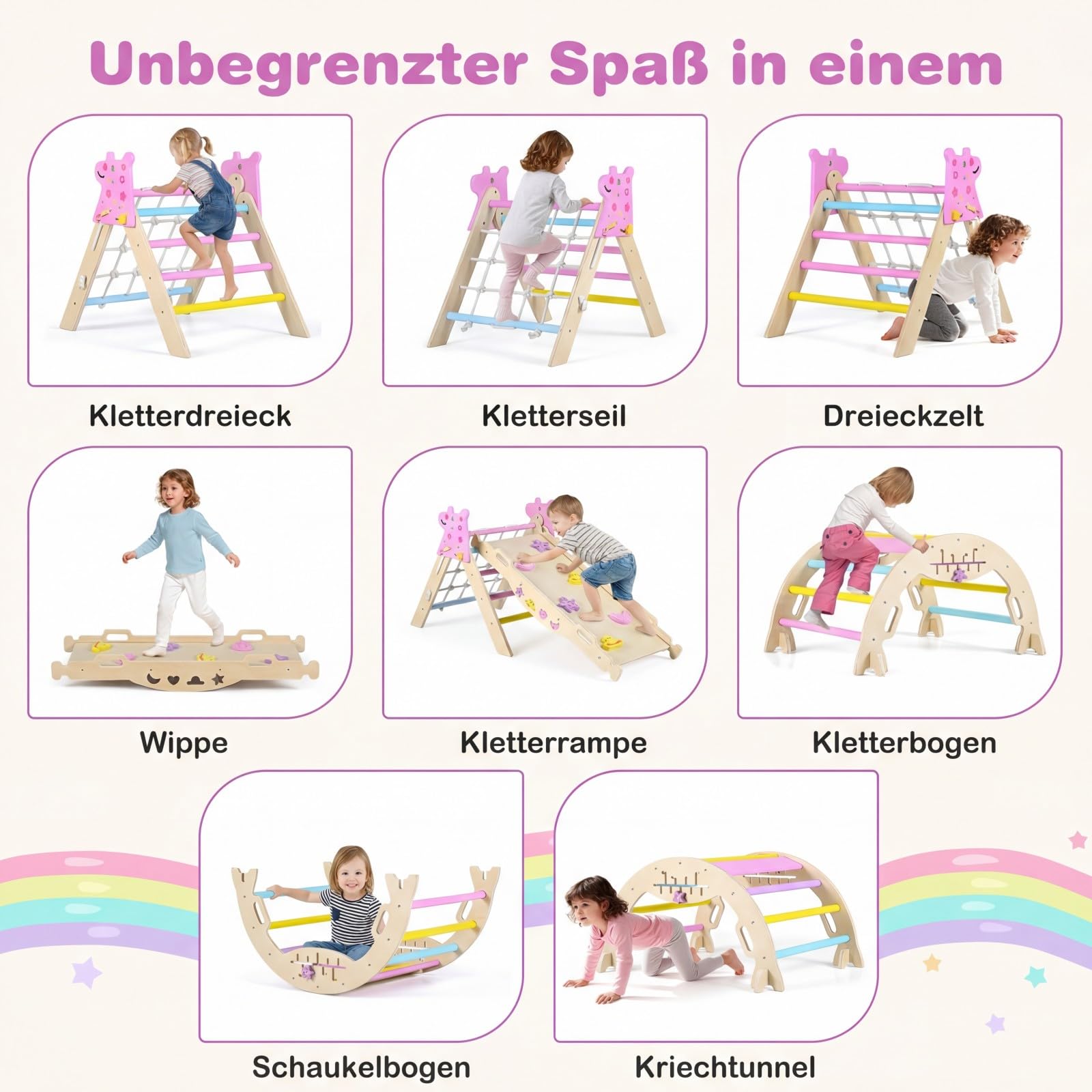 GOPLUS 8-in-1 Klettergerüst Indoor, Kletterdreieck Holz, 4er Set Kletterspielzeug mit Kletternetz, Kletterbogen, Wippe & Leiter, inkl. doppelseitige Rampe & Baustein Set, Sprossendreieck für Kinder