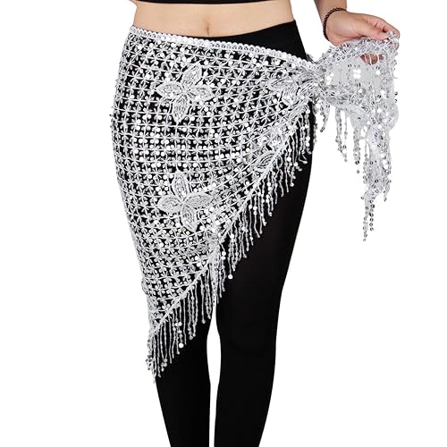 MISI CHAO Belly Dance Hip Scarf - Hip Skirt Belly Dancing Belt Triangle Shawl Tassel Belts Waist Chain for Women/Girls - 30 Regular - Silver