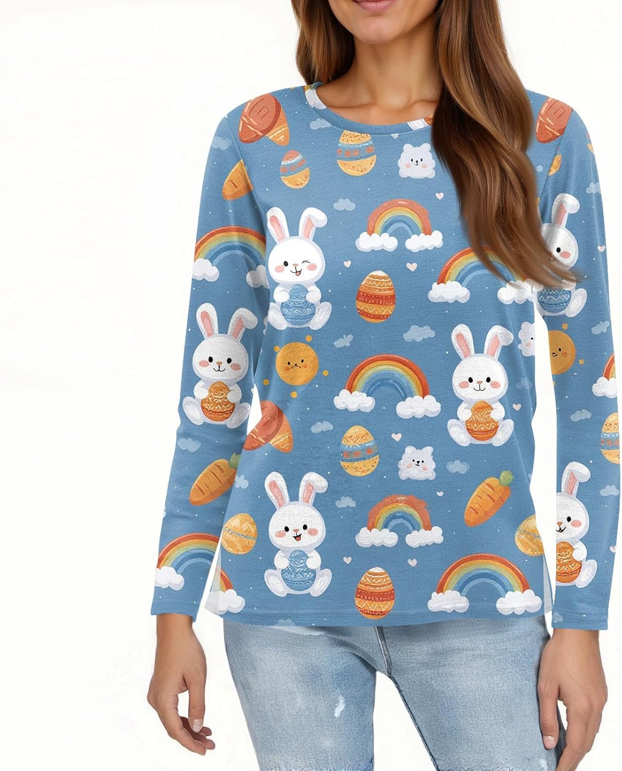 Valentines Day Shirts Women,Fashion Split Hem Casual Heart Print Crew Neck Long Sleeve Top Valentine's Day T-Shirt - Image 4