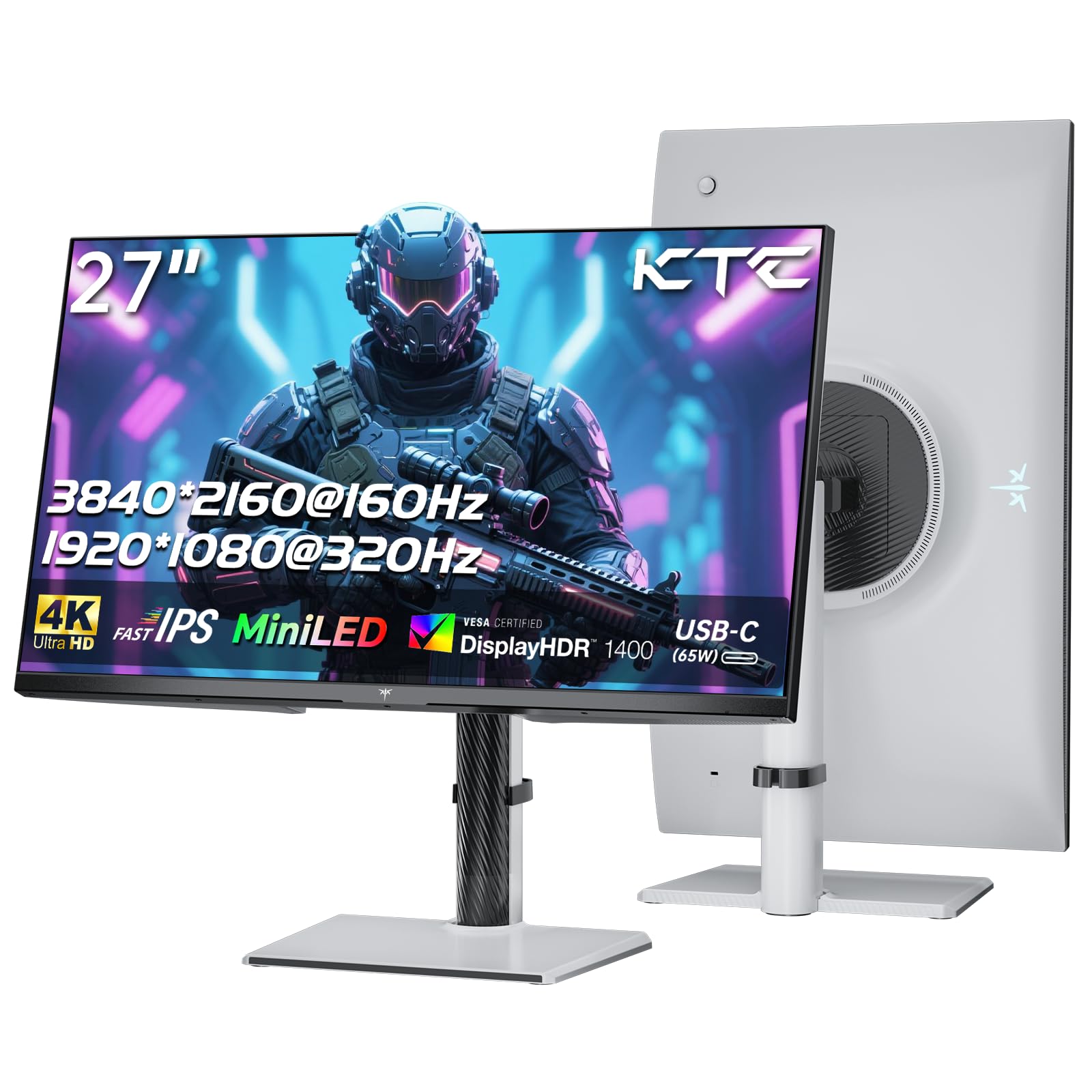 KTC M27P6 Monitor Gaming MiniLED de 27 Pulgadas, 4K 160Hz / 1080P 320Hz Conmutación sin Fisuras, 1152 Zonas de Atenuación Local, HDR1400, 1ms GtG, Adaptive Sync, 145% sRGB, KVM, Blanco