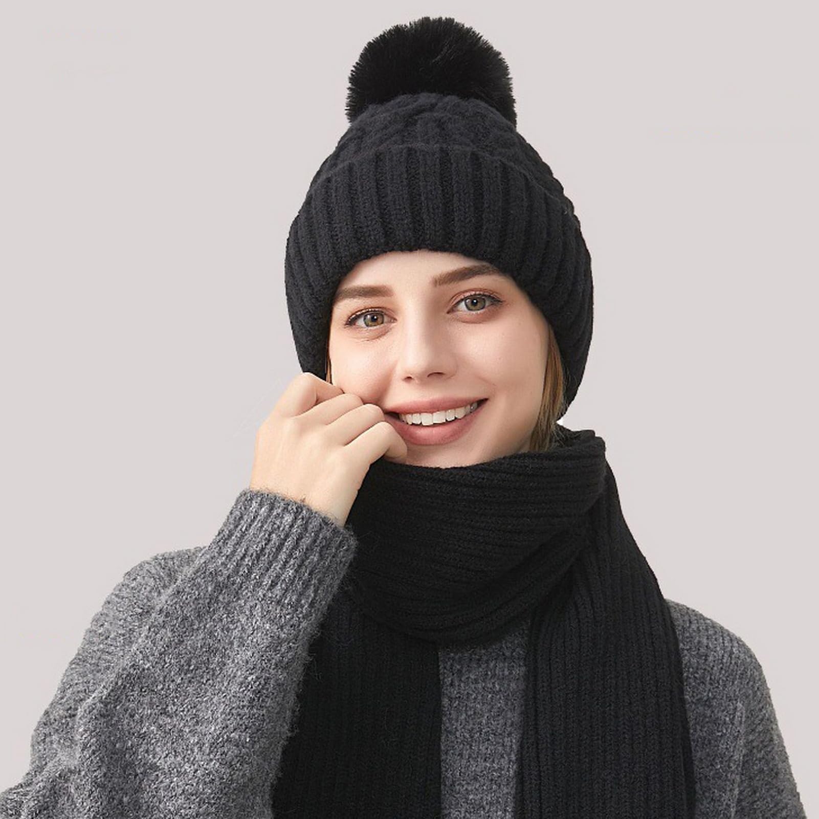 Lifup Conjunto Térmico 4 en 1, Gorro con Pompón, Bufanda Larga, Guantes y Calcetines de Lana, Set Mujer para Exterior y Uso Diario