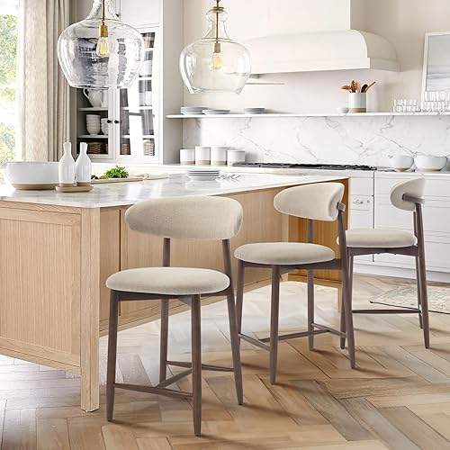Miniatura 3 de COLAMY Juego de 3 taburetes de bar de altura de mostrador, taburetes de bar de cocina con respaldo, tapizados modernos de mediados de siglo, con