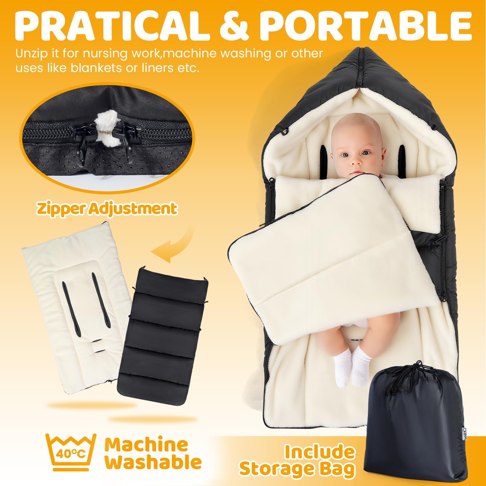 Fußsack Kinderwagen Winter, Universeller Fußsack Buggy mit Verstellbarer Reißverschlus, Einfacher Zugang, Abnehmbar & Langlebig, Wasserdicht, Warmes Dickes Gewebe, Waschbar, Klassisches Schwarz