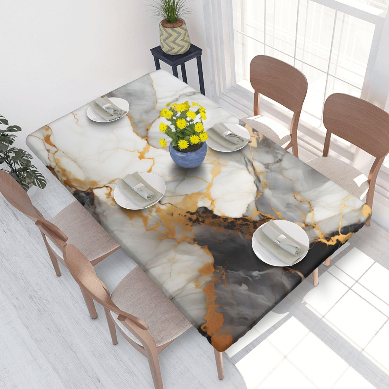 Myfsucce White Grey Marble Waterproof Tablecloths For Rectangle Tables 4ft Dining Table Cover Protector Polyester Fabric For Desk Mesa Birthday Festival Decorations