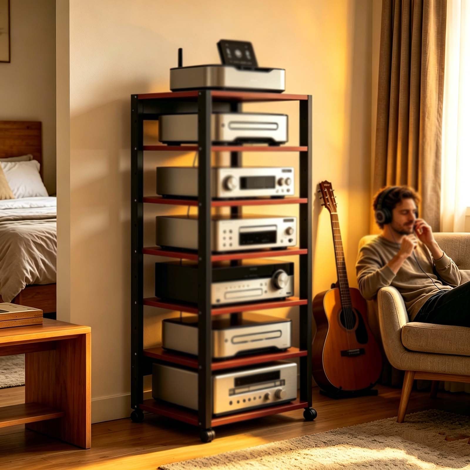 Stojak na sprzęt audiowizualny, stojak na sprzęt audio Hi-Fi, 7-poziomowy z kółkami, szafka na sprzęt stereo do salonu, pokoju gier i nagrań(Red)