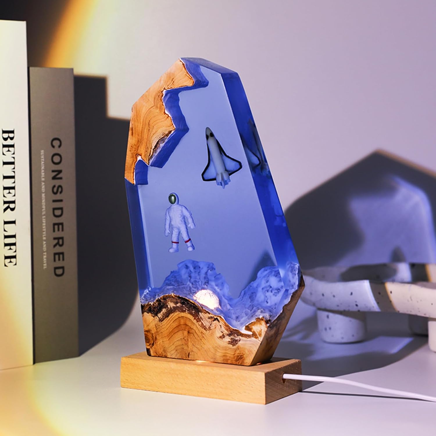 Creative Epoxy Resin Wood Lamp - Large Diver and Humpback Whale Led Lights Sea Plants 3D Night Light Desktop Ornaments Office Bedroom Room Decor Gift for Family Friends (Traveling Astronaut)