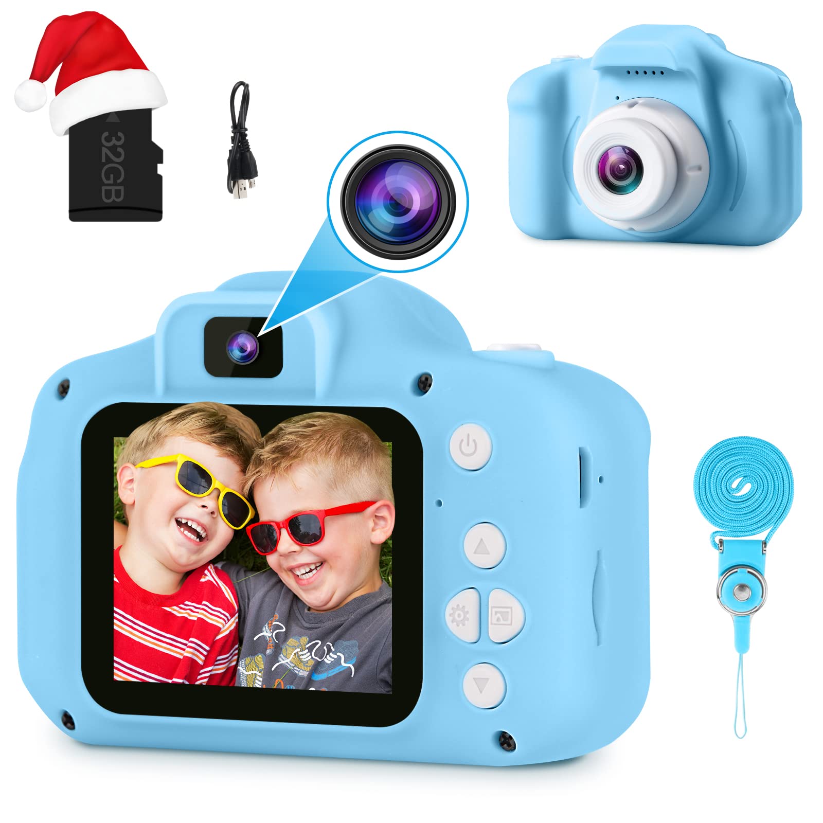GKTZ Kids Camera, Children Digital Selfie Camera with 12MP Video Camcorder Toys for Toddler, Birthday Gifts for 3 –10 Year Old Boys and Girls with 32GB SD Card - Blue