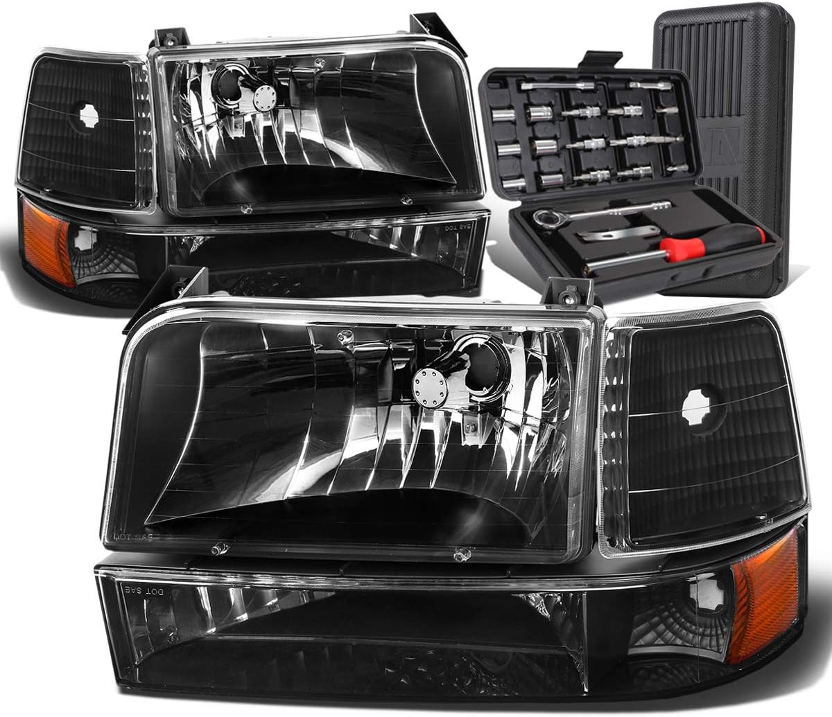 Auto Dynasty Black Houisng Amber Corner Headlight w/Bumper Lamps+Tool Kit Compatible with Ford F-150 F-250 F-350 92-96