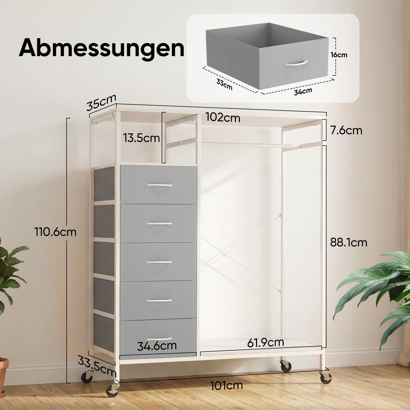 HOKEEPER Kleiderständer auf Rollen | Kleiderstange, Kleiderschrank, Clothes Rack, 4 Rollen, 2 feststellbar, einfache Montage, langlebig, Offener Kleiderschrank