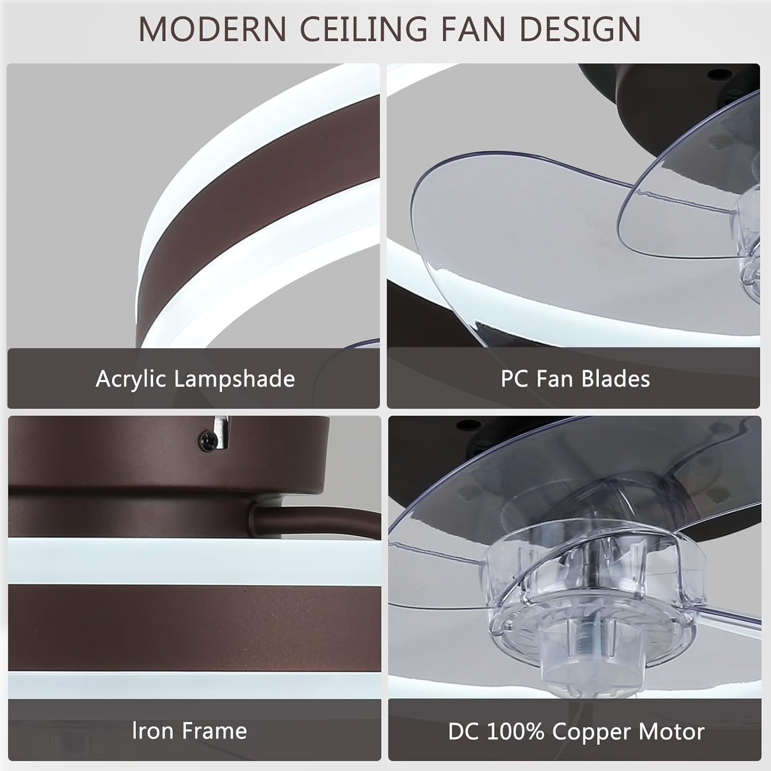 16" Low-Profile Ceiling Fan with Light (Coffee Brown), Modern Bladeless Enclosed Fandelier, Dimmable CCT, Remote & App Control, Timer & Memory for Bedroom/Living Room/Hallway