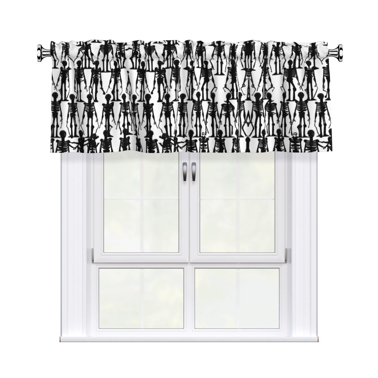 LMNGH Black Floral Skull Curtain Valance for Windows,Kitchen Window Curtains Blackout Drapes Window Treatments Decorative Rod Pocket Short Curtain for Living Room Bedroom,54" W x 18" L
