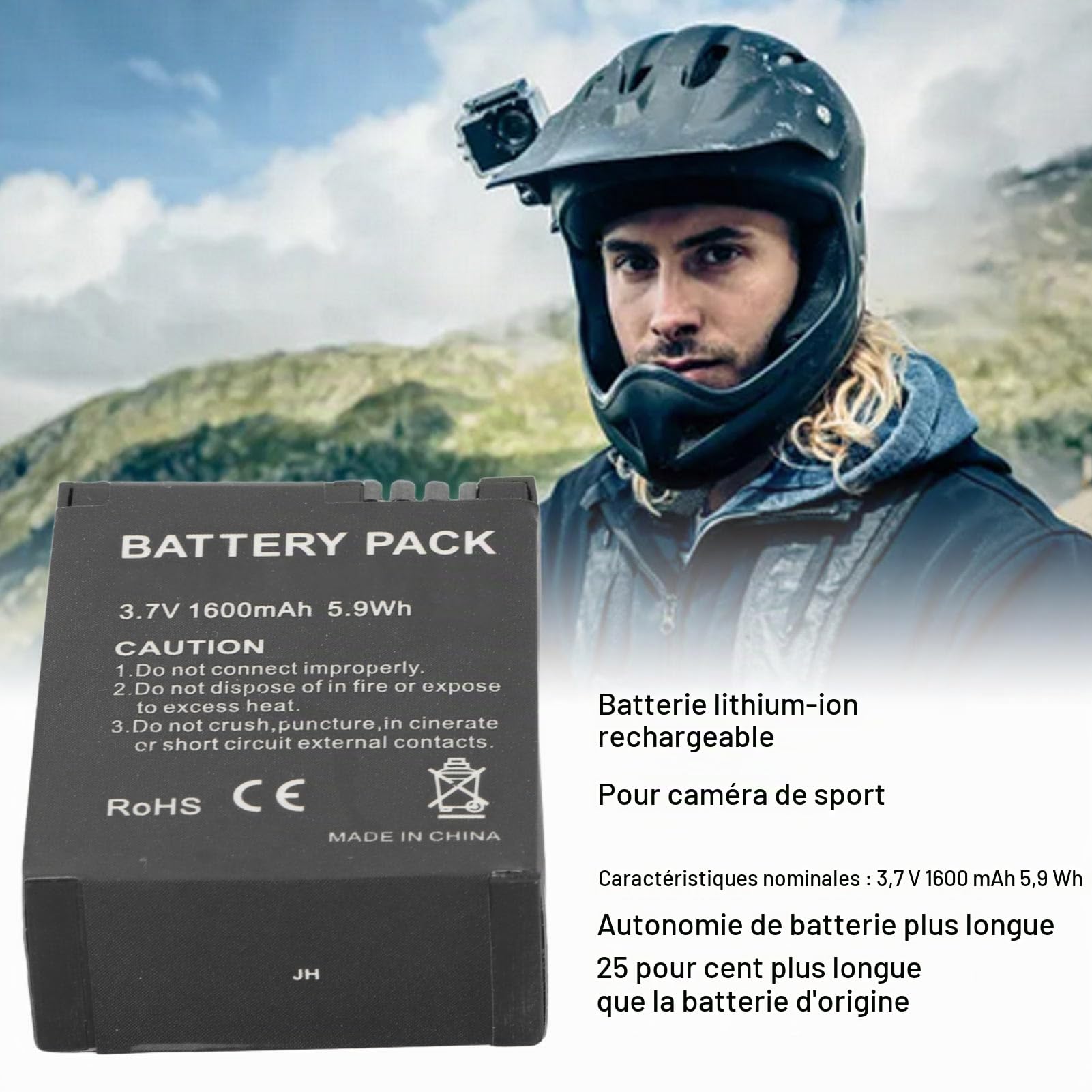 Batterie de Remplacement pour Caméra d'action pour 3/3+, 1600 MAh 3,7 V 5,9 Wh, Batterie Lithium-ION Rechargeable Compacte et Portable, Accessoires pour Caméra de Sport