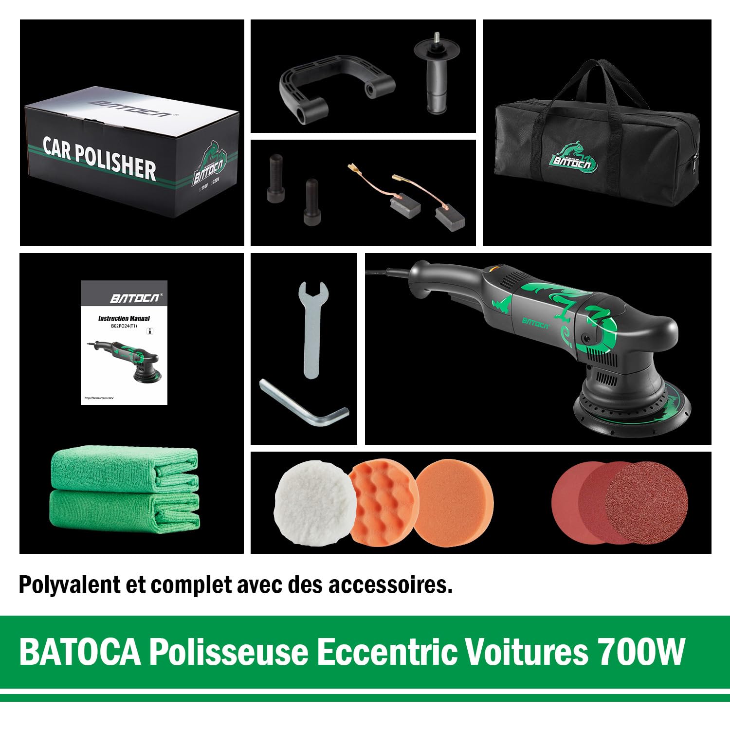 Polisseuse Orbitale,BATOCA 700W Polisseuse Voiture,Machine à Polir Excentrique 21mm,Ponceuse Électrique,150mm Polissage Pad,Meuleuse,6 Vitesse 1000-3800RPM,Lustreuse,Polissage/Cirage,Ponçage Kit