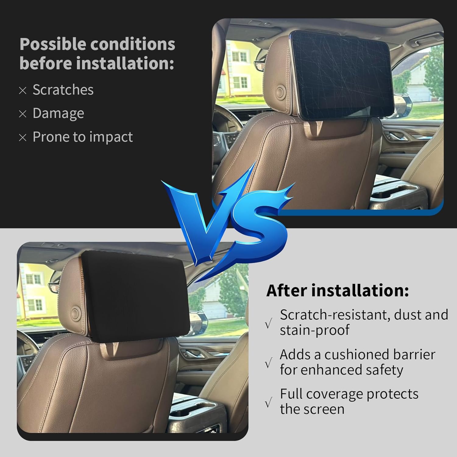 2-Pack Rear Entertainment Screen Protector Cover for 2021-2025 Chevy Tahoe/Suburban & GMC Yukon – Shock-Absorbing Neoprene with Elastic Strap, Easy Install, Black