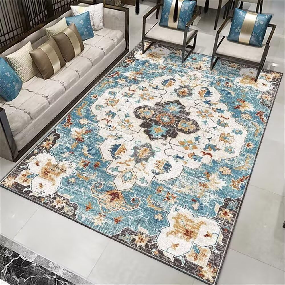 Tapis à motifs floraux rétro bleu 150x200cm lavable et très doux
