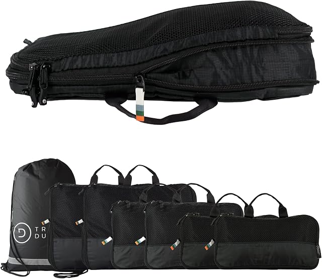 Travel Dude Compression Packing Cubes for Travel Made from Plastic Bottles | Bag Organiser for Backpacking, Suitcases & Bags | Travel Organiser for Clothes & Shoes (7 pieces, All Black)