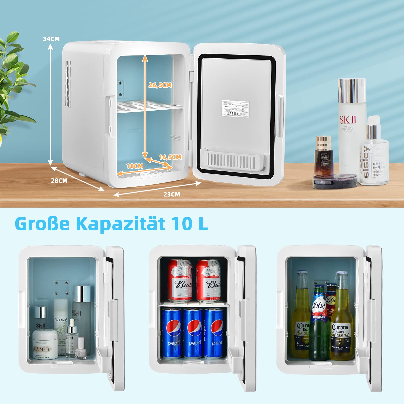 RELAX4LIFE Mini-Kühlschrank 10 L, Kosmetika-Kühlschrank für Kühler & Heizen mit 3 Helligkeitsstufen Einstellbarem LED-Licht&Spiegel&Abnehmbaren Regalen, Tragbarer Getränkekühlschrank für Zuhause