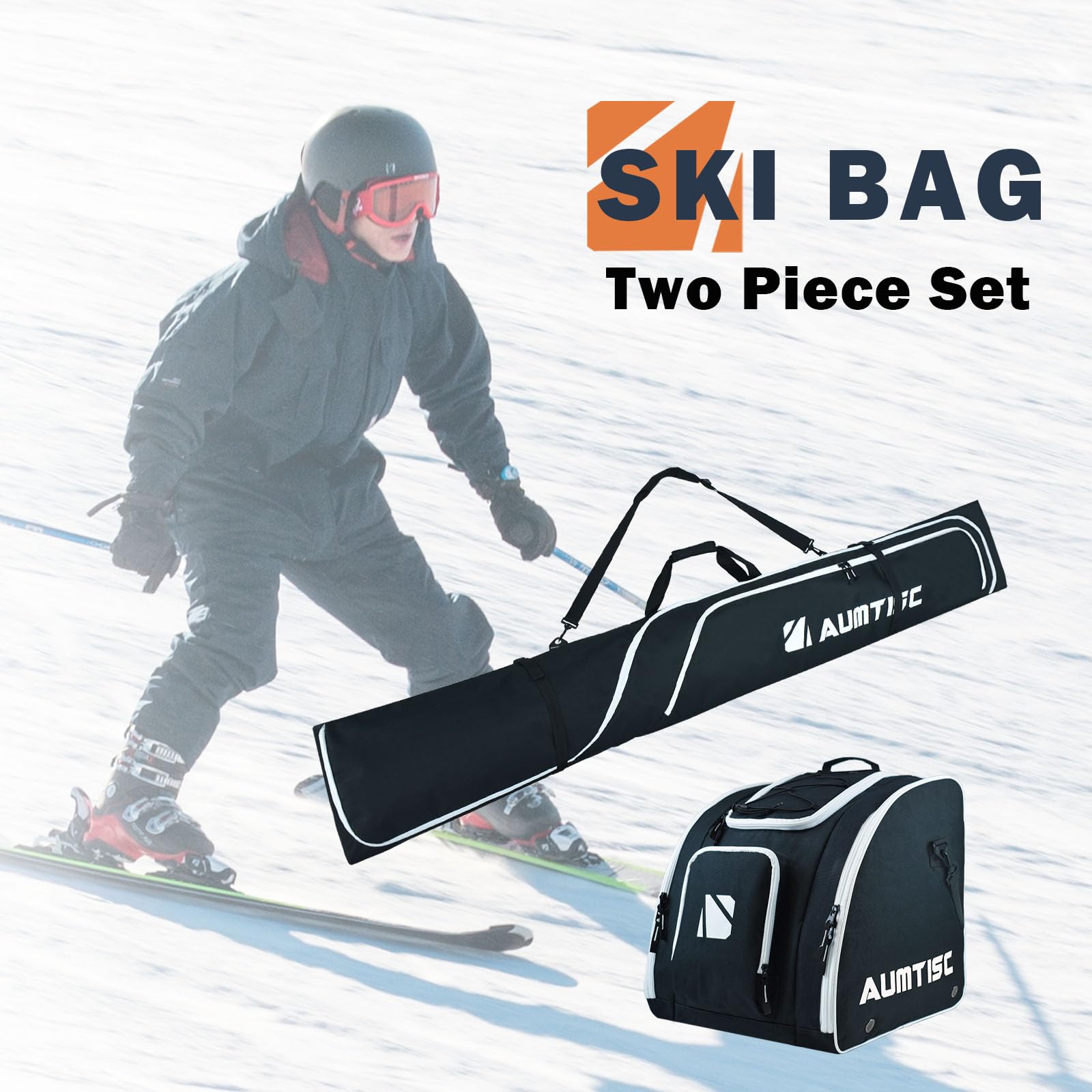 AUMTISC Borsa da sci e borsa per scarponi Combo, set da due pezzi imbottito per sci e scarponi da viaggio, borsa per il trasporto di sci da neve fino a 200 cm, scarponi da sci fino a 13