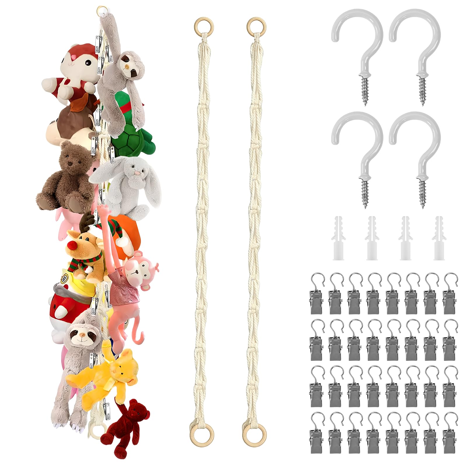 Vurixfo 2 Pcs Teddy Toy Hammock, 2m Stuffed Animal Organizer Chain Boho Soft Toy Storage Hanging Plush Toys Organizer with Metal Clips, Hanging Hook for Wall or Corner Play Room Decor