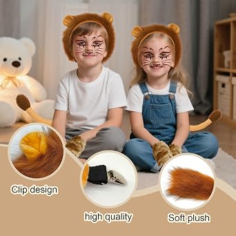 4 Pieces Lion Costume Accessories for Kids Adults,Ears Headband Gloves Tail Face-painting Kit,Animal Fancy Dress for Cosplay Birthday Stage Performance Halloween Carnival