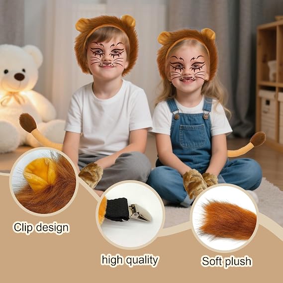 4 Pieces Lion Costume Accessories for Kids Adults,Ears Headband Gloves Tail Face-painting Kit,Animal Fancy Dress for Cosplay Birthday Stage Performance Halloween Carnival