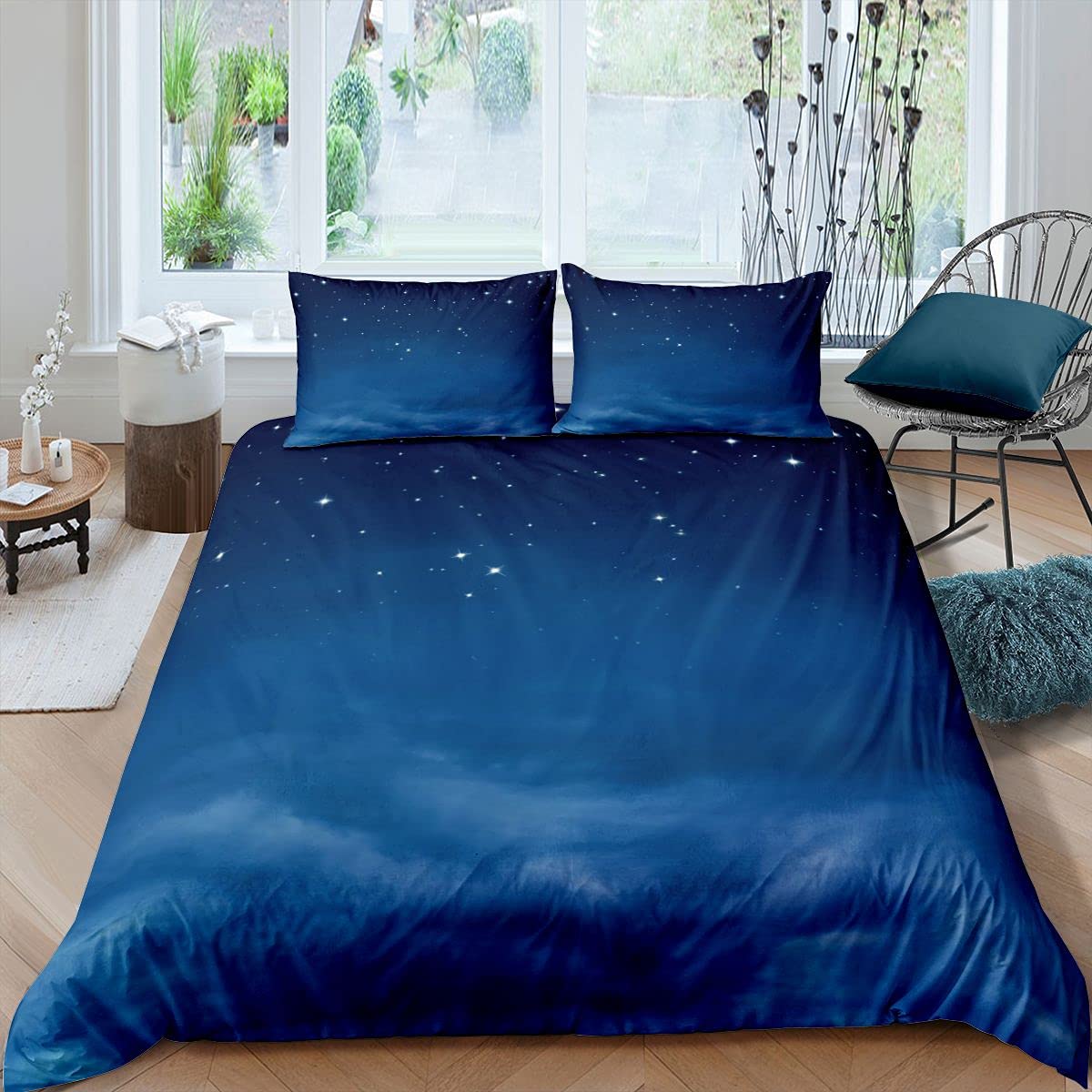 Juego de cama Galaxy Sky lleno de estrellas, ropa de cama y lino para niños, niñas, adolescentes, cielo estrellado, funda de edredón transpirable, ropa de cama azul y lino Super King