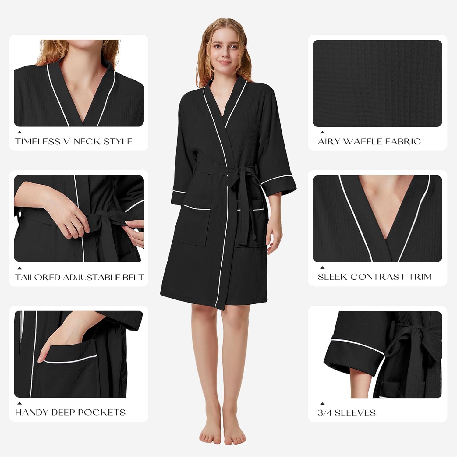 SIORO Waffle Knit Robe for Women, Short Kimono Lightweight Bathrobe with Pockets, 3/4 Sleeves Loungewear for Spa & Shower - Image 4