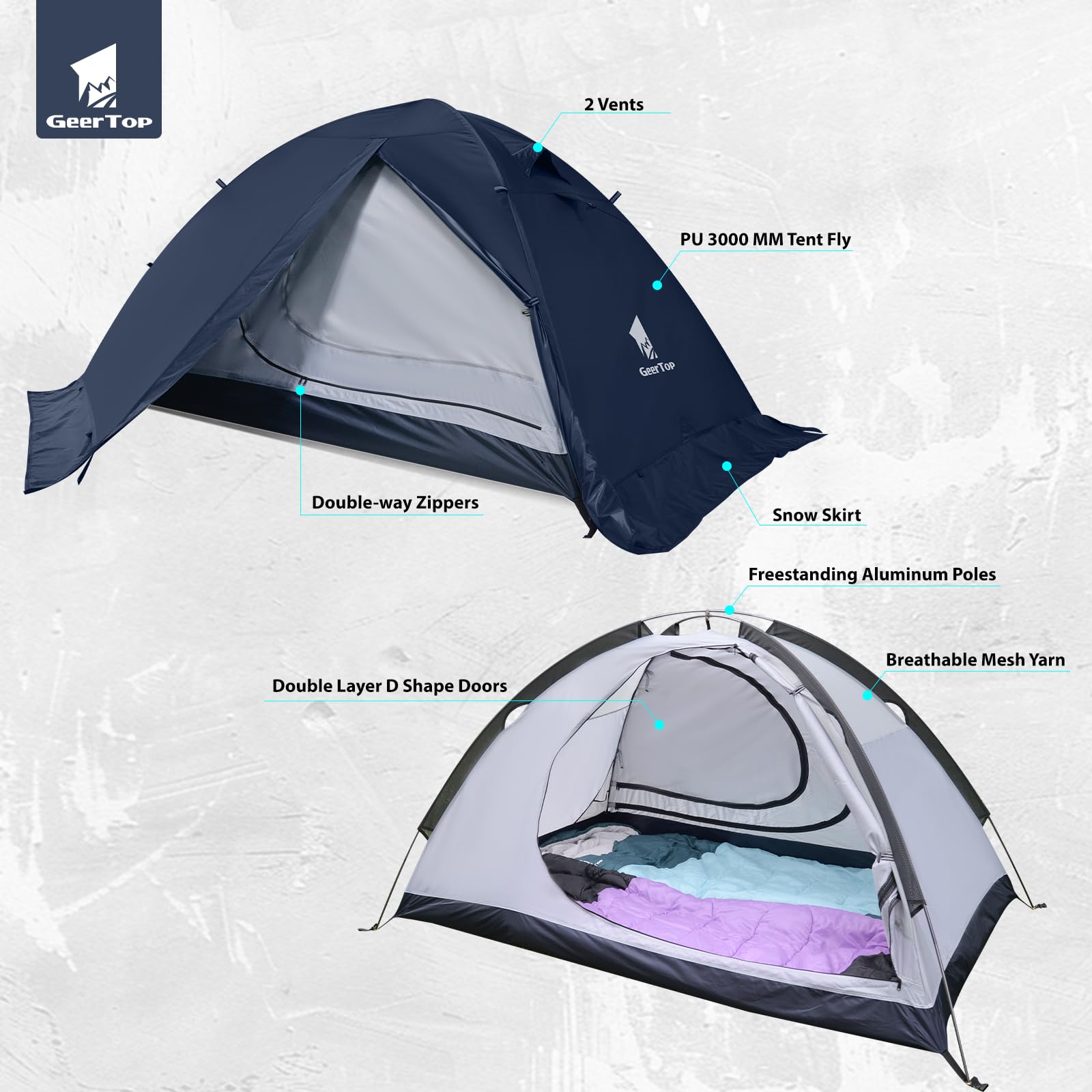 GEERTOP, tenda a cupola da campeggio per 2 persone, con aste in alluminio impermeabili, ideale per 2 persone, 4 stagioni, ideale per campeggio, escursioni, viaggi e arrampicata (Blu notturno
