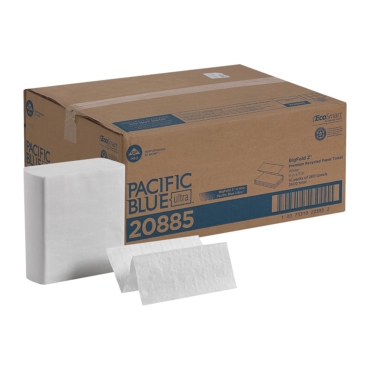 Toalla de papel plegable en Z azul Pacífico de GP Pro, blanco, 260 toallas por paquete, 10 paquetes por caja