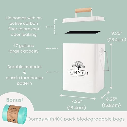 Miniatura 2 de PERFNIQUE Contenedor de compost de cocina, contenedor de compostaje para encimera de 1.7 galones con tapa, contenedor de compost interior incluye 2