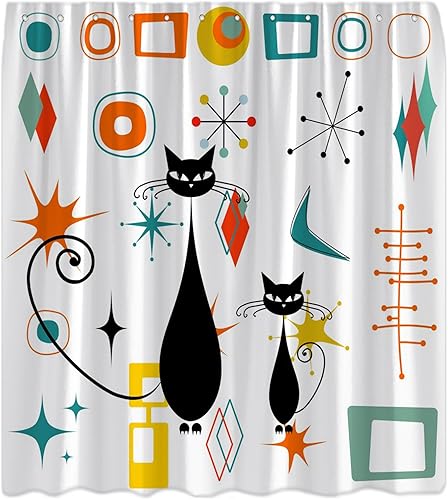 Miniatura 4 de Cortina de ducha moderna con diseño de gato atómico, de mediados de siglo, diseño geométrico abstracto, verde azulado, naranja, amarillo, negro,