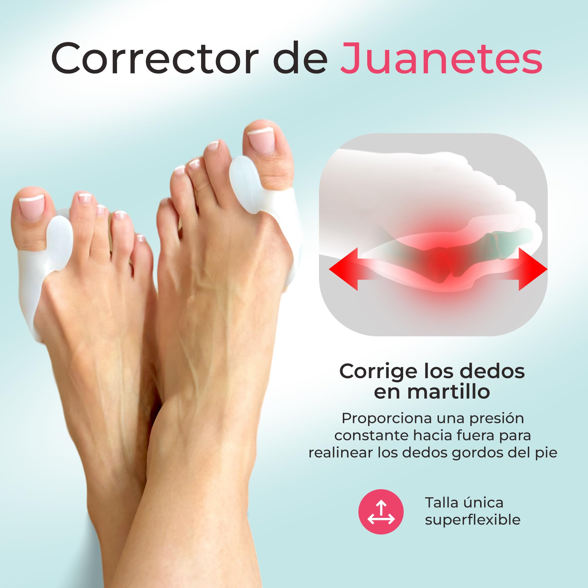 Almohadilla Metatarsiana, Separador Dedos Pie y Corrector de Juanetes, Apto Para Usar con Calcetines y Calzado, Libre de BPA, Hallux Valgus y Dedos Superpuestos, Video Ejercicios y Consejos